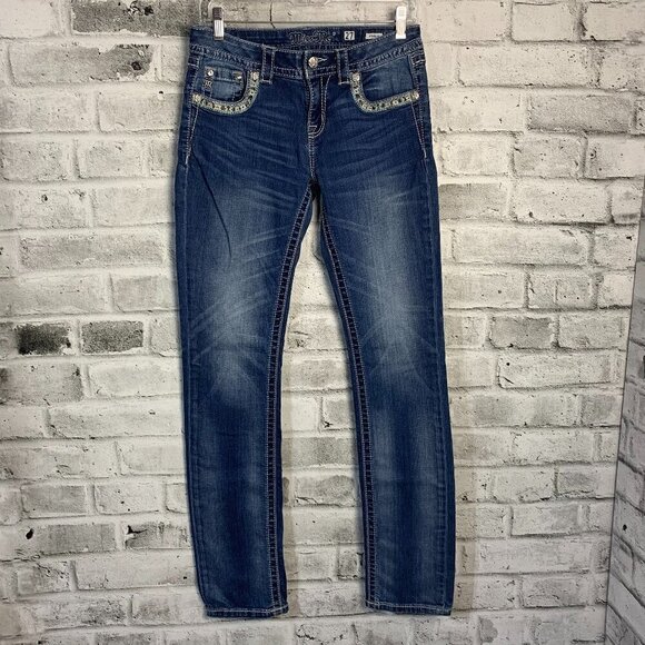 Miss Me Straight Embroidered Rhinestone Embellished Denim Low Rise Jeans - Picture 1 of 16
